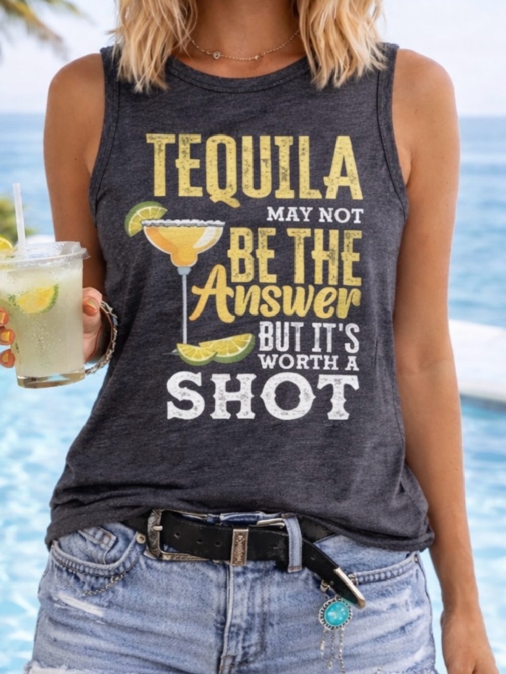Tequila Graphic Muscle Tank Top in Charcoal